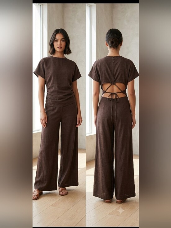 coco the shop Pants - Wide-Leg Back-Tie Jumpsuit in Chocolate Brown